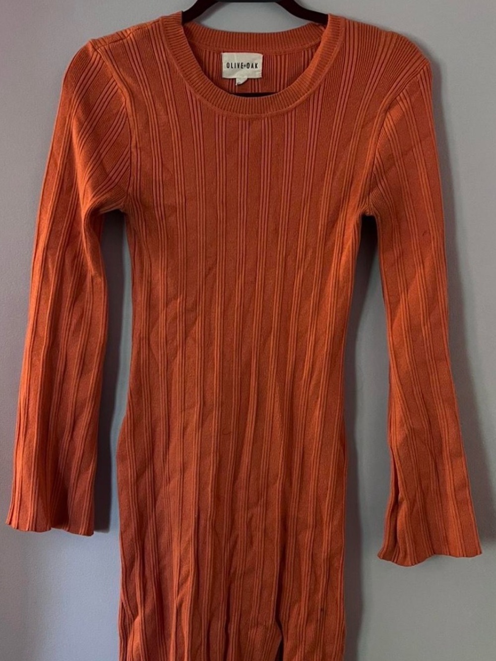 Olive & Oak Ribbed Long-Sleeve Mini Dress in Burnt Orange